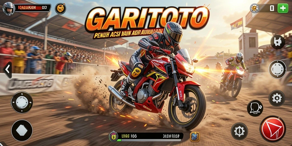 Tampilan gameplay <strong>GARITOTO</strong> dengan balapan motor yang intens.