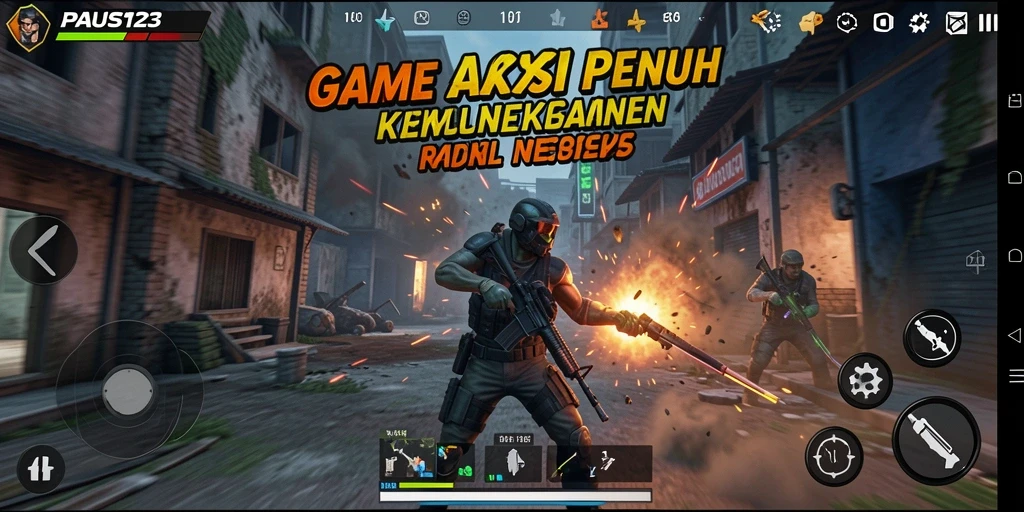 Screenshot PAUS123 menampilkan aksi tembak-menembak intens di medan perang.